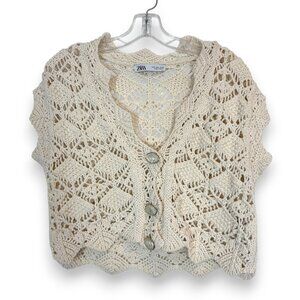 Zara Cro­chet Cropped Sweater Cardigan Vest Scallop Hem Ivory Open Knit Small